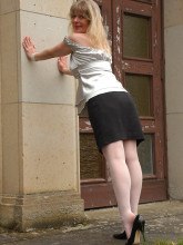 Blonde in white nylon stockings in public Nylon Angel Lovette